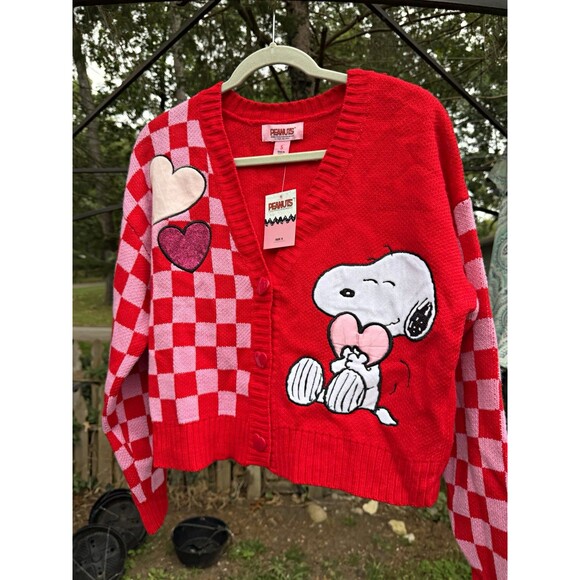 Peanuts Sweaters - Peanuts Snoopy Heart Check Knit Cardigan Sweater Acrylic V-Neck S NWT